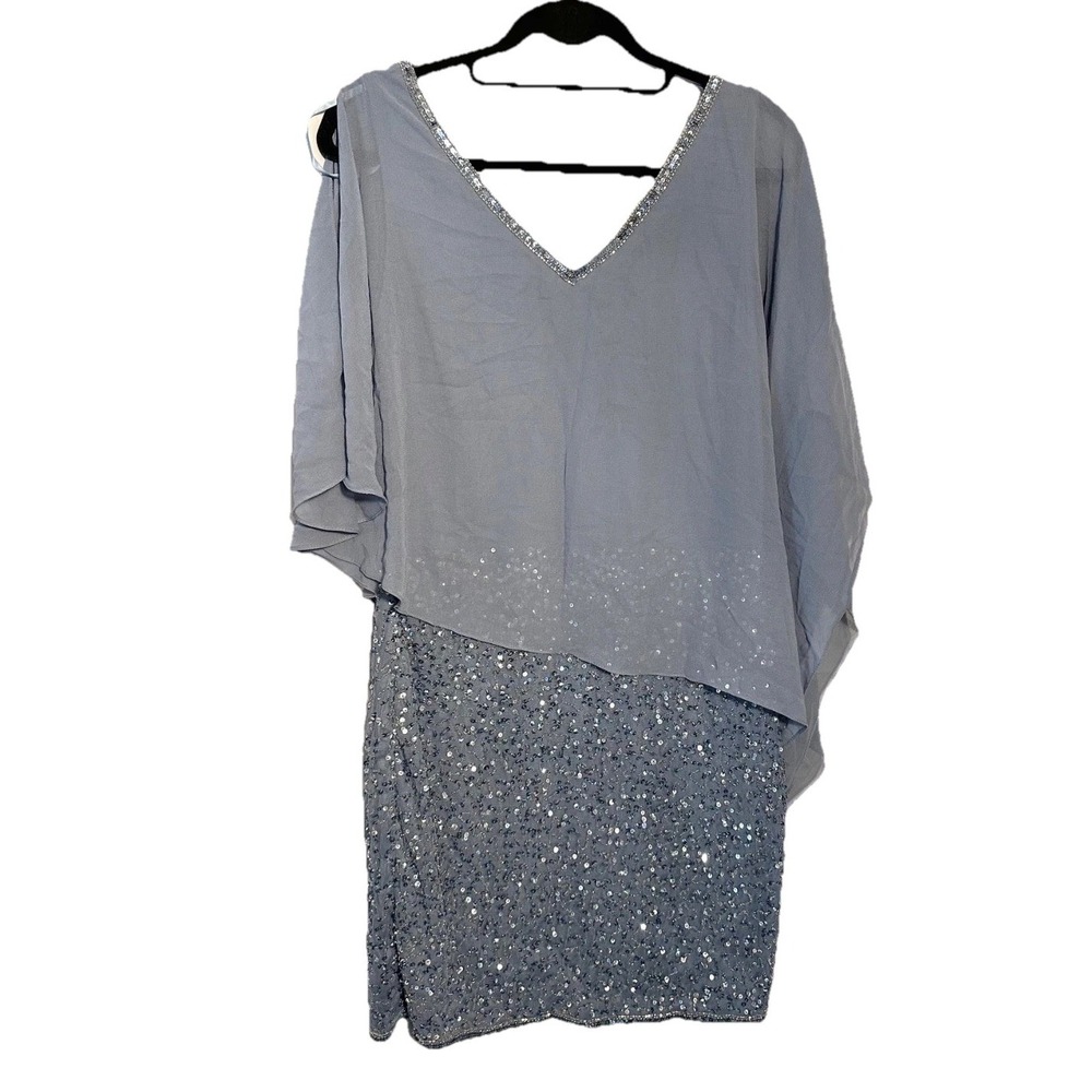 J Kara Dress Caplet V-Neck Short Cocktail Beaded Dress Size 8 Dusty Blue NWT